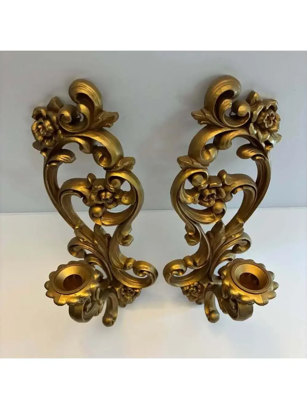 Pair Vintage HOMCO 4118 Gold Wall Candle Sconces Syroco Style w Glass Cups